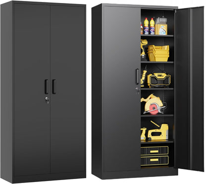 Daokesecr Metal Storage Cabinet, Kitchen Pantry Cabinet, Storage Cabinet with Doors and Shelves, 5 Adjustable Shelves Garage Storage Cabinet with Lock, Tool 71'H Black - WoodArtSupply