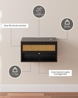 Aienvey Floating Nightstand, Small Modern Floating Nightstand with Drawer, Floating Shelves for Bedroom, Bathroom, Black Rattan Aienvey