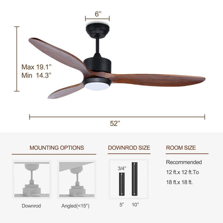 Ovlaim 52 Inch Solid Walnut Wood Ceiling Fans with Lights Remote Control, 3 Blade Propeller Smart Ceiling Fan for Bedroom Living Room Indoor Outdoor, ETL Listed High CFM Quiet DC Motor Ovlaim