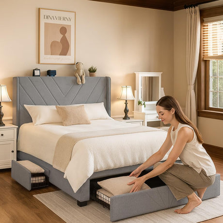 COMHOMA King Bed Frame with Headboard and USB & Type-C Charging Ports,Storage Drawers,Modern Upholstered Platform Frames with Padded Headboard, Heavy Duty Structure,No Box Spring Needed,Grey COMHOMA