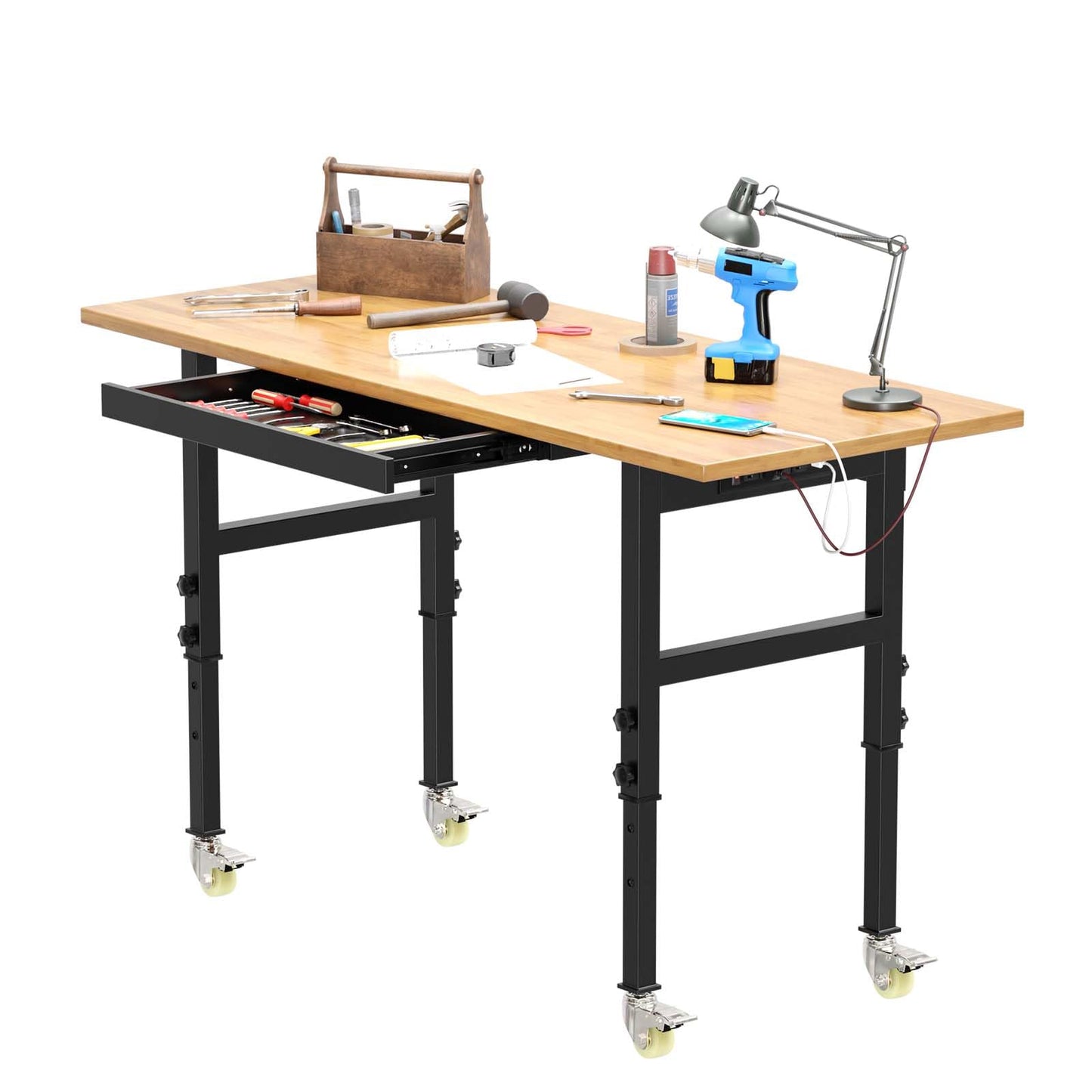 60" Adjustable Workbench with Drawer Storage, Heavy Duty Rubber Wood Work Table with Power Outlet and 4 Lockable Wheels, 2000 LBS Load Capacity Workstation for Garage, Home, Office - WoodArtSupply