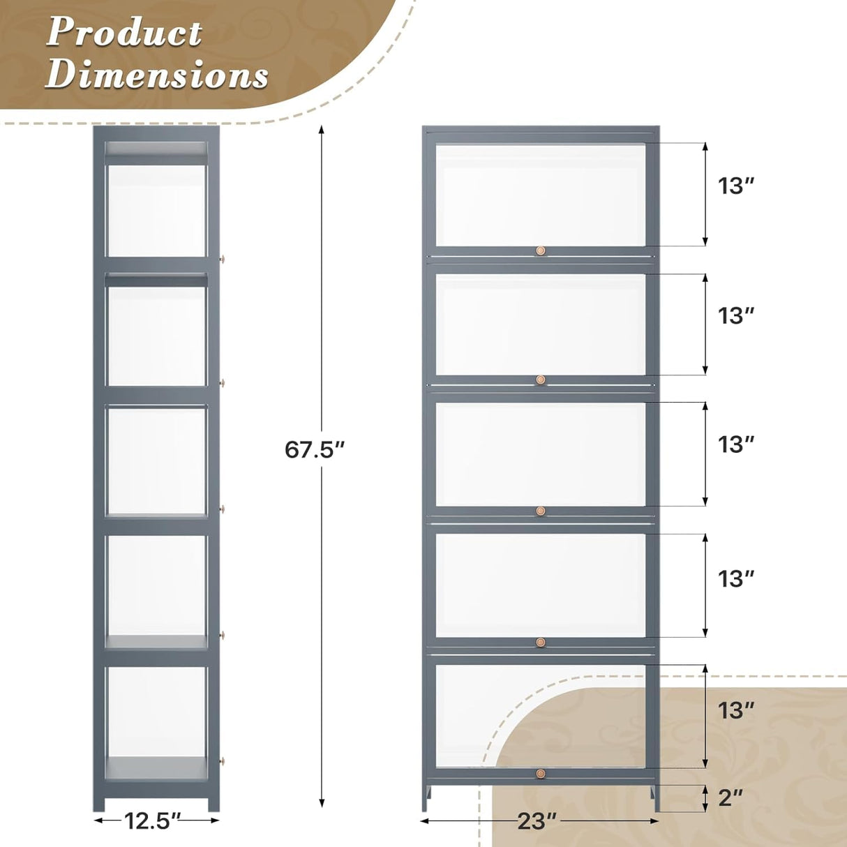 Athena Collection Curio Display Cabinet with Acrylic Doors, 5-Tier Clear Display Case 65” Hight Display Shelf for Trophy Figures Curio Collectibles for Living Room Bedroom, Grey Athena Collection