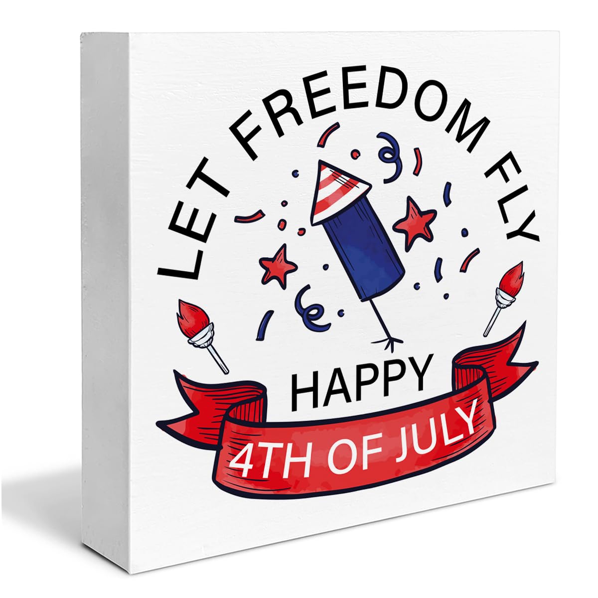 Patriotic Sign Independence Day Decoration Happy 4th of July Decor Wooden Box Sign Desk Decoration Square Wood Sign Wood Block Plaque Box Sign for Shelf Home 5 x 5 Inches YXSEZ