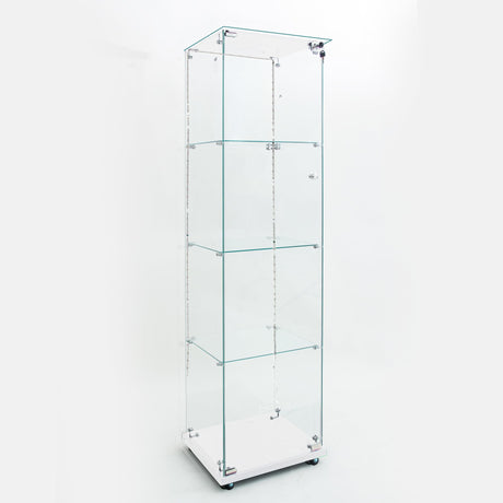 nifoti 65" H 4-Shelf LED Lights Strip Glass Display Cabinet with Lock & Casters, Modern Glass Top Curio Storage Cabinet Collection Display Case, Tempered Glass Bookshelf Case for Living Room(White) nifoti