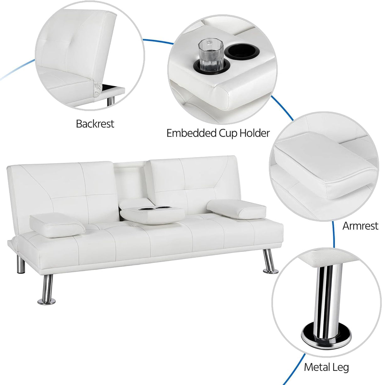 Futon Sofa Bed Modern Folding Couch for Small Space, Faux Leather Convertible Loveseat Sleeper Bed Daybed Recliner Lounge Sofas for Living Room,2 Cup Holders,Metal Legs,Removable Armrests (White) Anwick