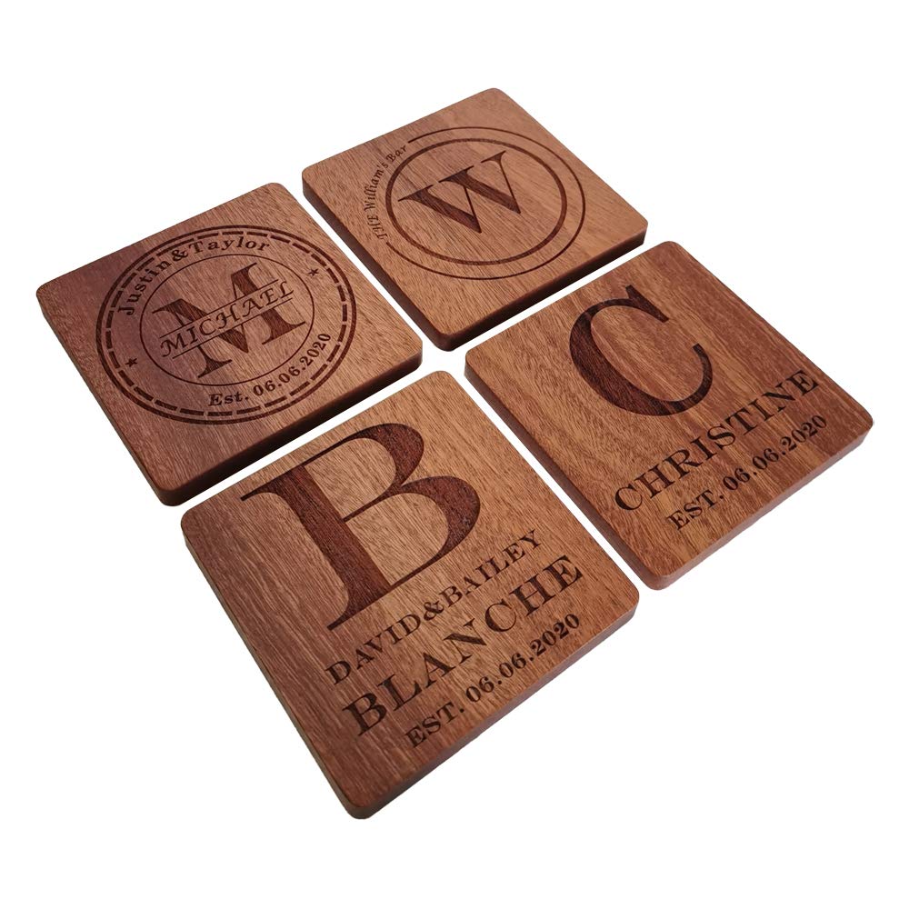 Personalized Coasters, Custom Engraved Wood Coasters for Drinks, Monogram Coasters with Holder, Wedding Gifts, Parents Gifts (W, Set of 4) MOJIA