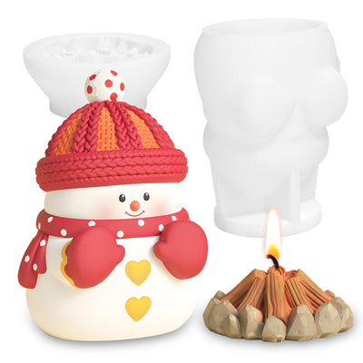 Cute Snowman with Fire Candle Silicone Molds, Christmas Ornament Molds for Epoxy Resin Candle Soap Wax, 3D Winter Holiday Chocolate Fondant Cake Decor Mold, Jewelry Pendant Keychain Art Craft Mold