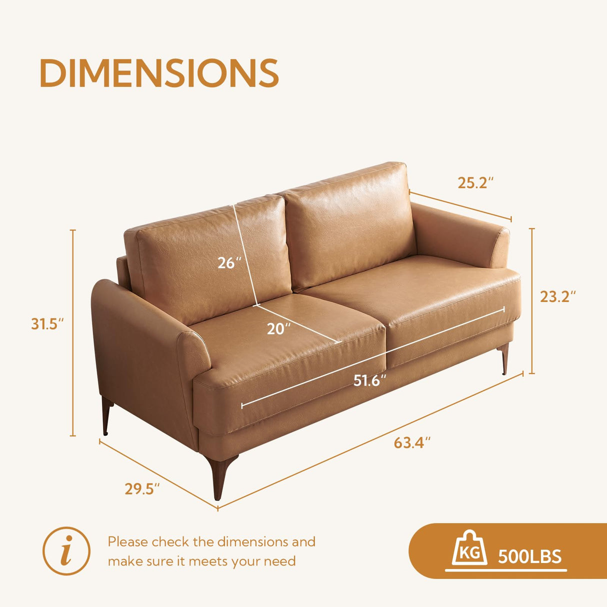 Atopston 63" Faux Leather Loveseat Sofa, Mid-Century Modern Decor 2 Seater Love Seat Couches, Comfy Armrest Small Couch with Wood Grain Legs for Living Room Apartment, Tan Leather Atopston
