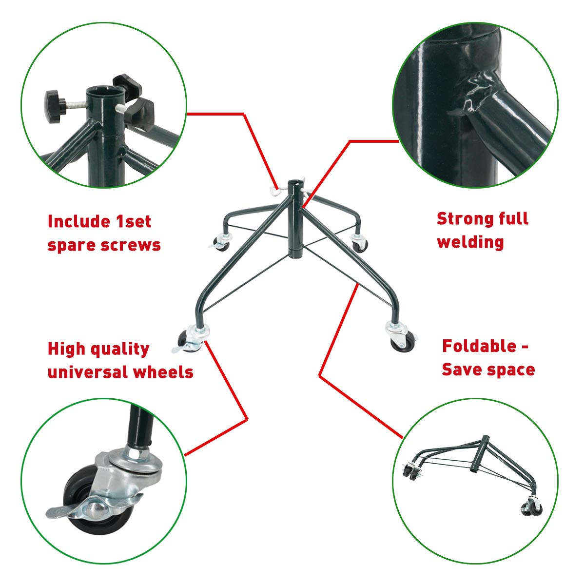 ELFJOY Christmas Tree Stand with Swivel Caster Wheels for 3-7ft. Artificial Tree Base 17inch, Christmas tree iron stand, 7/8inch inner diameter, Movable Tree Base, Green Tree Stand (Green)