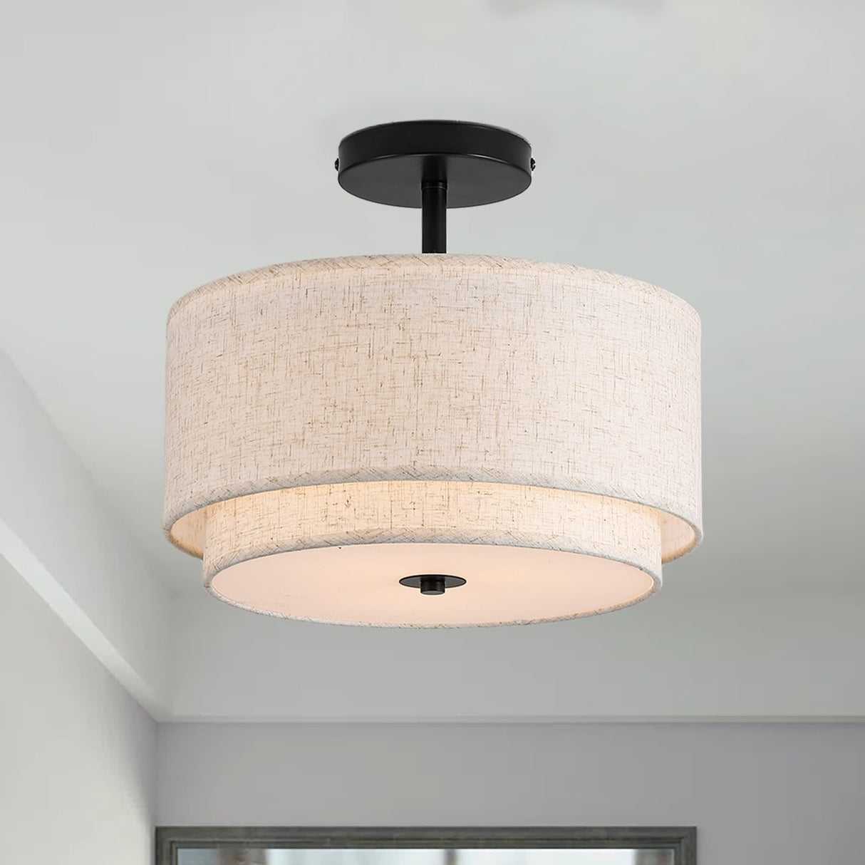 Vexagyle 12.6inch Flush Mount Ceiling Light Fixture,3-Light Modern Close to Ceiling Light with 2-Layer Linen Fabric Shade,Farmhouse Drum Ceiling Mount Lamp for Bedroom Hallway Living Room Vexagyle