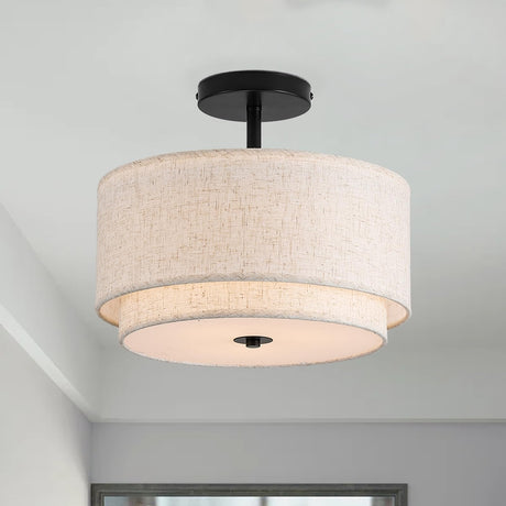 Vexagyle 12.6inch Flush Mount Ceiling Light Fixture,3-Light Modern Close to Ceiling Light with 2-Layer Linen Fabric Shade,Farmhouse Drum Ceiling Mount Lamp for Bedroom Hallway Living Room Vexagyle