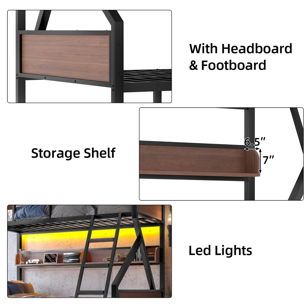 Tassullo Bunk Bed Twin XL Over Queen, Heavy Duty Metal Frame Loft Bed with Storage Shelf & LED Lights, Safety Guardrail and Angle Padded Ladder for Kids, Adults, Space Saving, Noise Free Tassullo