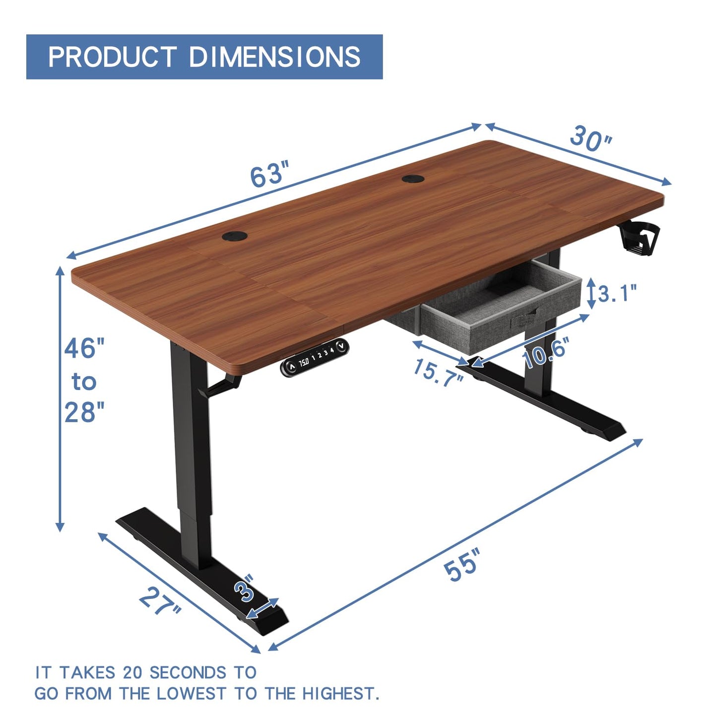 bilbil 63x30 Inches Electric Standing Desk with Drawer, Height Adjustable Sit Stand Up Desk with 4 Splice Boards, Home Office Desk Computer - WoodArtSupply