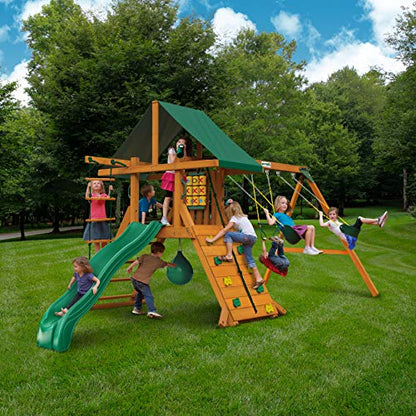 Gorilla Playsets 01-1059-AP High Point Wood Swing Set with Green Vinyl Canopy, Two Swings, Rock Climbing Wall, Slide, Amber - WoodArtSupply