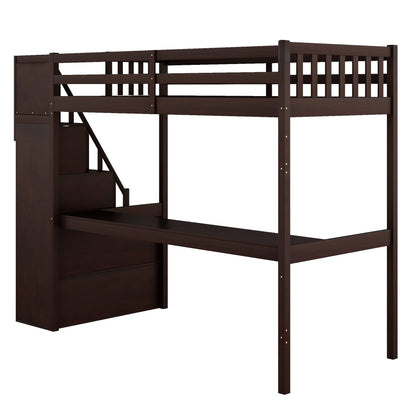 SOFTSEA Twin Loft Bed with Storage Staircase, Solid Wood Loft Bed with Stairs and Desk, Stairway High Loft Bed Frame with Steps for Kids Boys Girls Teens, Espresso