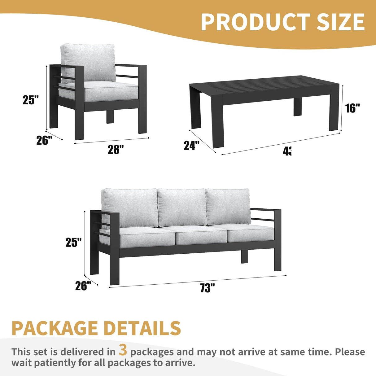 LayinSun Outdoor Aluminum Furniture Set, 4 Pieces Patio Sectional Conversation Chat Sofa Modern Seating Set with Coffee Table LayinSun