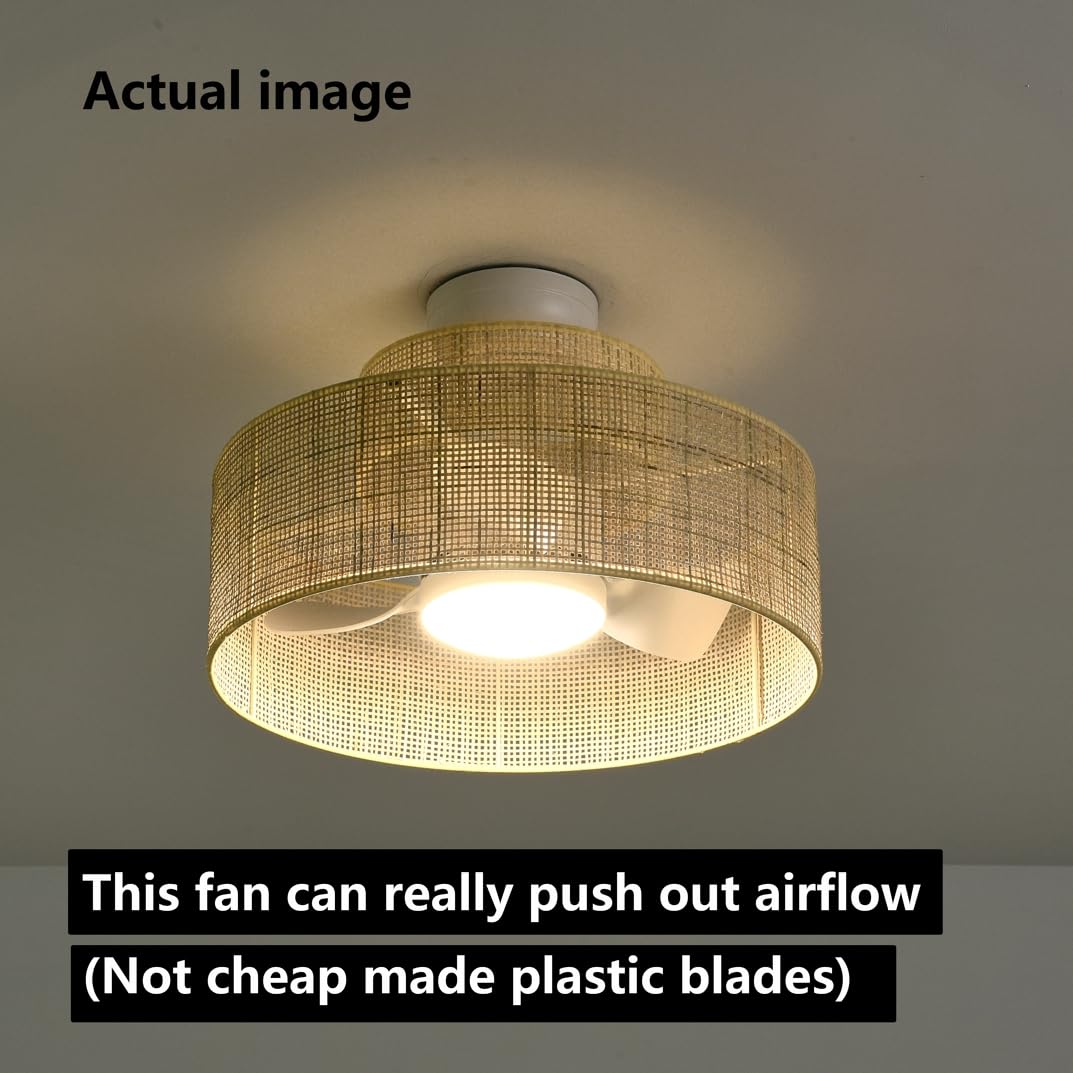 22” Bamboo DC Dimmable Ceiling Fan with Light and Remote Control,Boho Wooden Wicker Cage Rattan Bohemian Tropical Caged Wood Fandelier for Kitchen Indoor Bedroom Eamonex