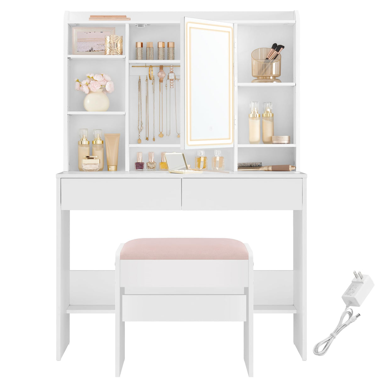 VASAGLE Vanity Desk with Mirror and Lights, Makeup Vanity with Upholstered Vanity Stool, Dimmable LED Lights, Adjustable Shelves, 7 Compartments, 2 Drawers, for Bedroom, Cloud White URDT131W01 VASAGLE