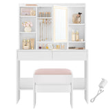 VASAGLE Vanity Desk with Mirror and Lights, Makeup Vanity with Upholstered Vanity Stool, Dimmable LED Lights, Adjustable Shelves, 7 Compartments, 2 Drawers, for Bedroom, Cloud White URDT131W01 VASAGLE