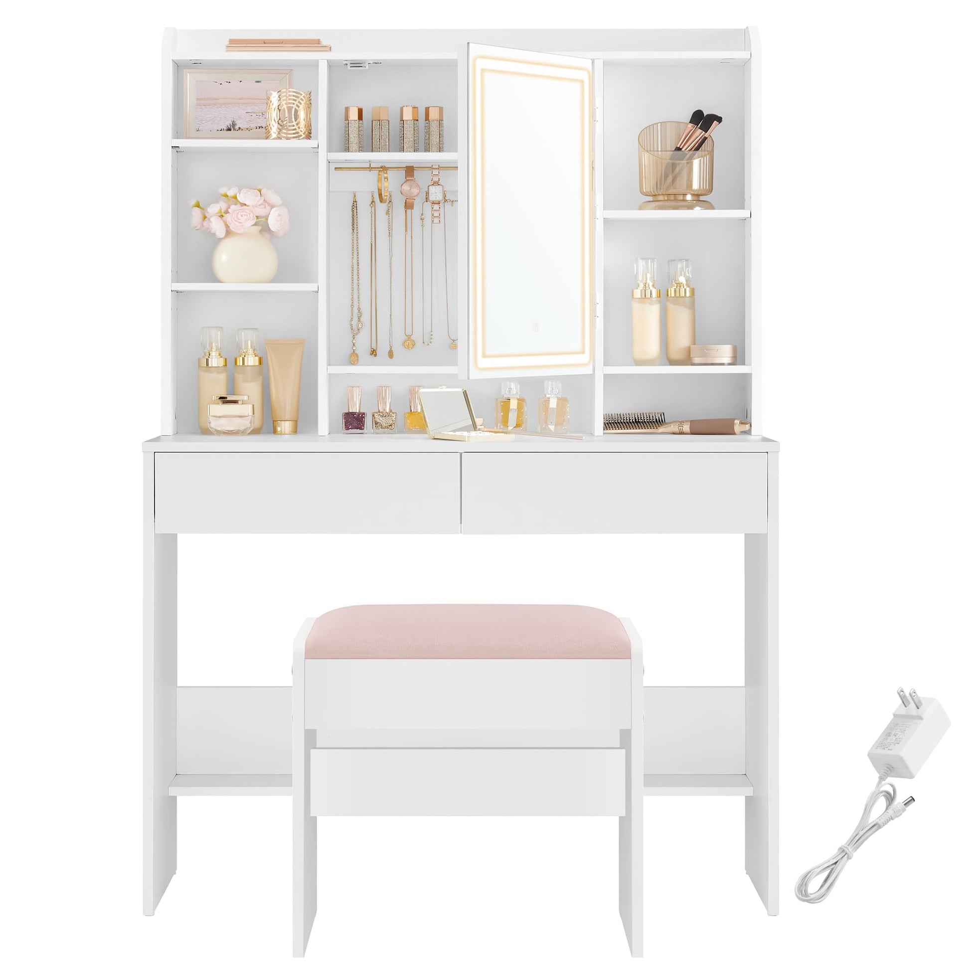 VASAGLE Vanity Desk with Mirror and Lights, Makeup Vanity with Upholstered Vanity Stool, Dimmable LED Lights, Adjustable Shelves, 7 Compartments, 2 Drawers, for Bedroom, Cloud White URDT131W0 - WoodArtSupply