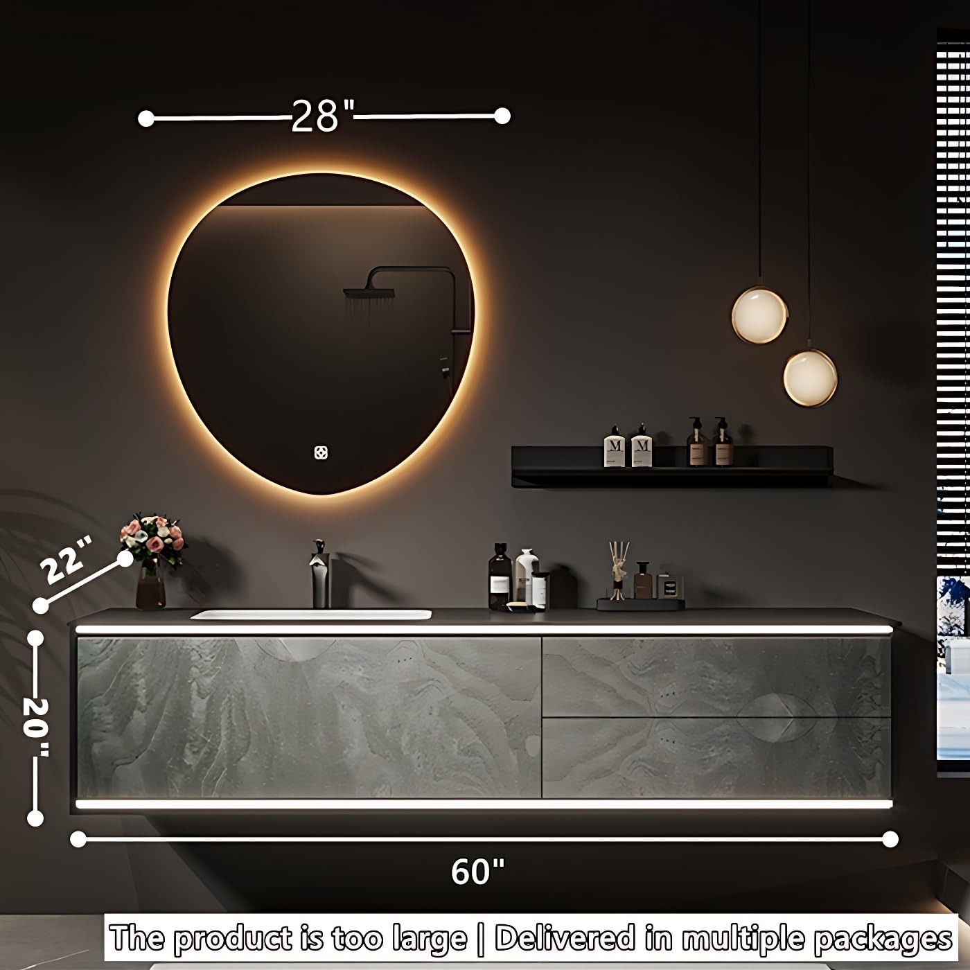 Bathroom Vanity with Sink - Single Sink Solid Wood Bathroom Sink Cabinet, LED Anti-Fog Mirror, Floating Vanity with Ample Storage, Easy Assembly, Modern Elegant Design, Wall Mount Installation (60")