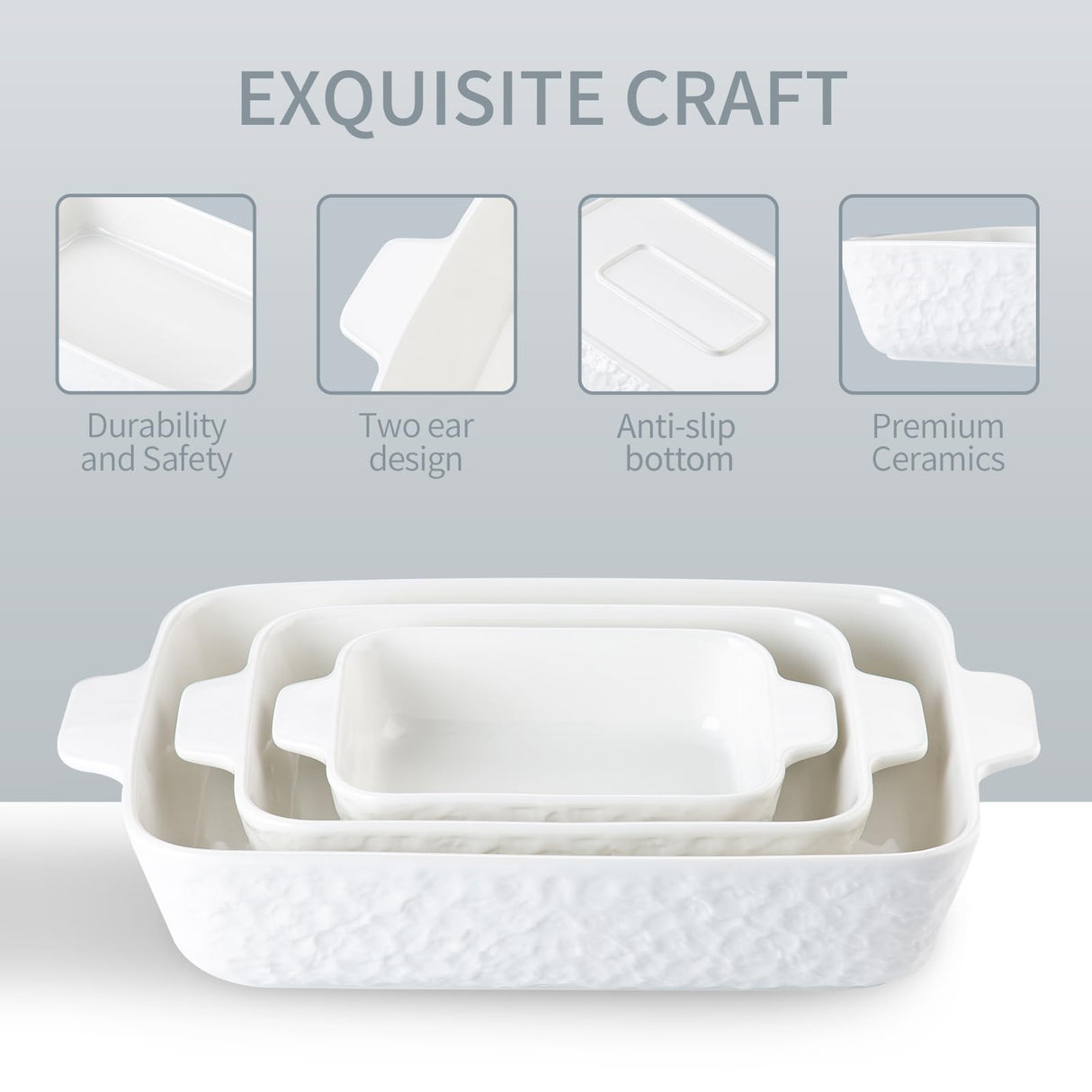 YUN TAO Casserole Dishes for Oven, Porcelain Baking Dishes, Ceramic Bakeware, Rectangular Lasagna Pans Deep with Handles for Baking Cake Kitchen,Cake Dinner,3-Piece (Set of 3, White) YUN TAO