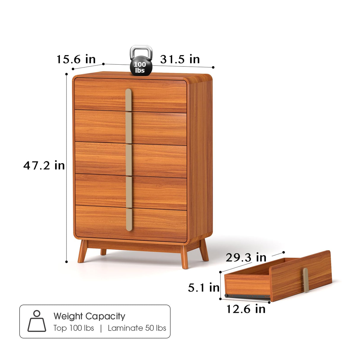 pnochoo 5 Drawer Dresser,Mid Century Modern Dresser for Bedroom,47.2" Tall Wooden Dresser,Entryway Cabinet with Drawers,Chest of Drawers with Metal Handle for Living Room,Hallway,Cherry pnochoo