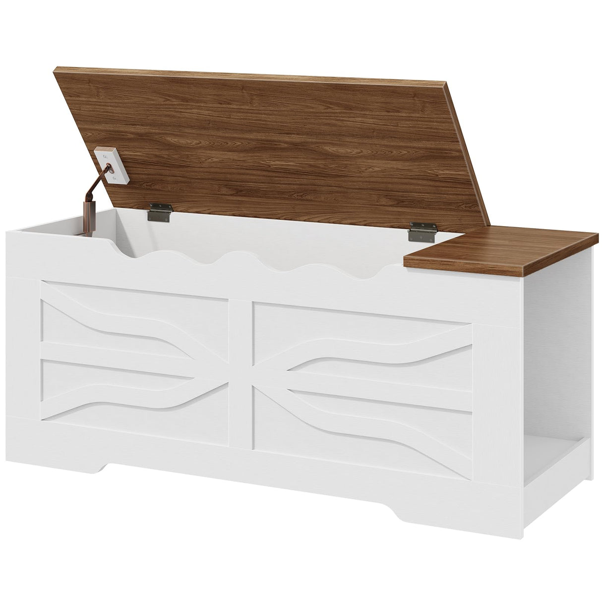 HOOBRO Farmhouse Storage Bench, Toy Box with Safety Hinges, Wooden Storage Chest with Side Storage Cubby, 47.2''L x 15.7''W x 19.5''H, for Entryway, Bedroom, Living Room, White and Walnut WH96CW01 HOOBRO