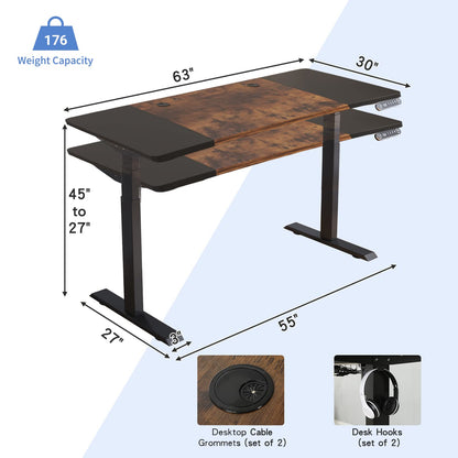 BUNOEM Height Adjustable Electric Standing Desk, 63x30 Height Stand Up Computer Desk,Sit and Stand Home Office Desk with Splice Board (Brown+Black Top, Black Frame) - WoodArtSupply