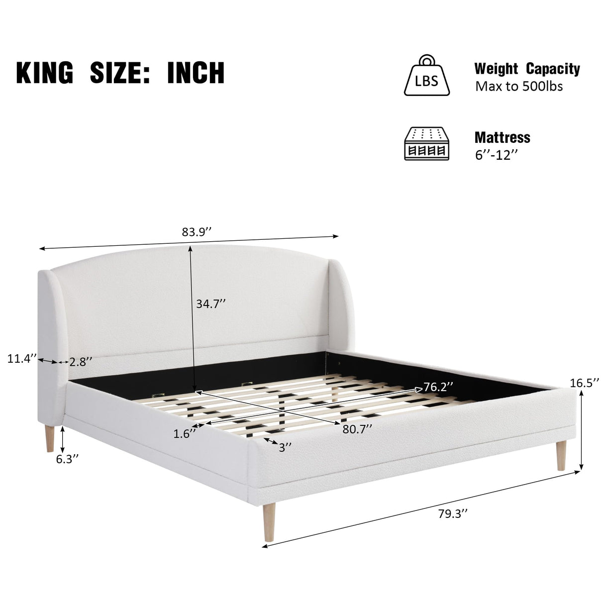 Christopher Knight Home Hazel King Size Bed Frame, Upholstered Platform Bed, Soft Boucle Wingback Headboard, Wood Bed Support and Slats, Curved-Shaped Headboard King Beds for Adult, 45.60" H White Christopher Knight Home