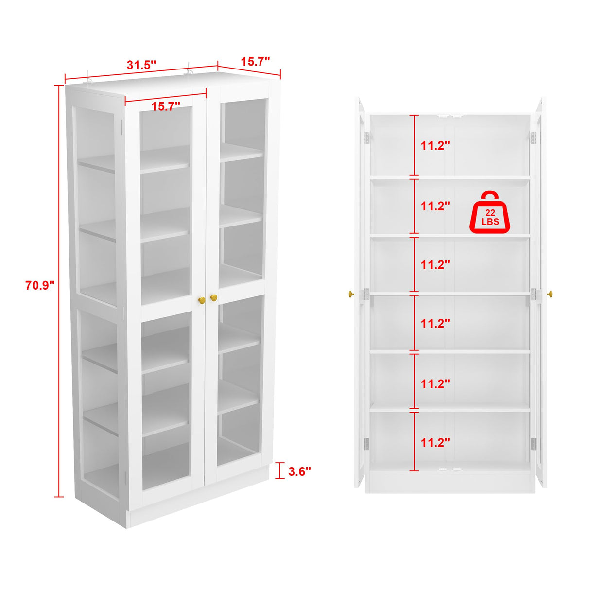 Homsee 6-Tier Tall Bookcase with Glass Doors - Modern Wooden Storage Cabinet in White Homsee