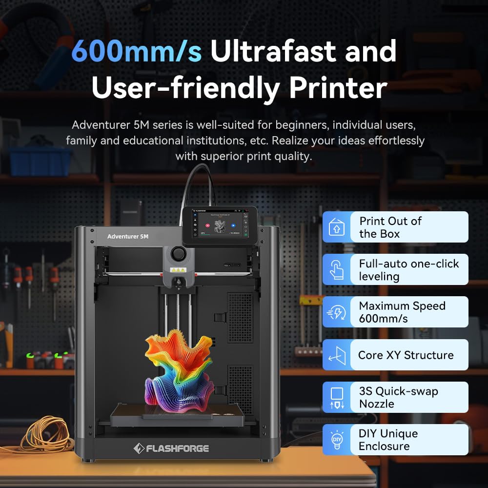 FLASHFORGE Adventurer 5M 3D Printer with Fully Auto Leveling System, Max 600mm/s High-Speed, 280℃ Quick-Detach Nozzle, CoreXY Structure for Superior Print Quality, Rookies & Experts Smart Cho - WoodArtSupply