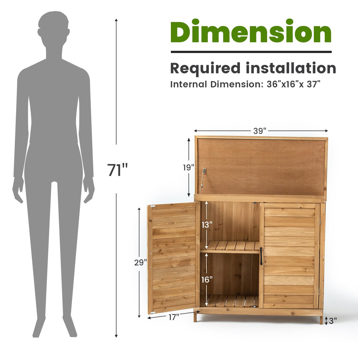 TAKUKA Outdoor Storage Cabinet with 2 Shelves, Wooden Garden Shed with Double Doors& Waterproof Roof，Outside Utility Tool Organizer for Garden Farm Backyard TAKUKA