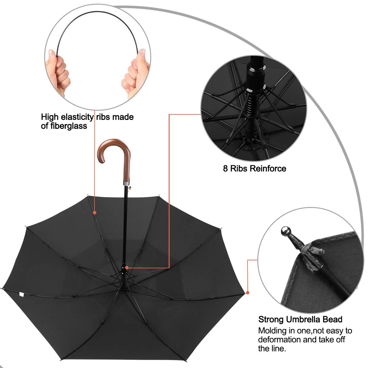 G4Free 52/62inch Wooden J Handle Golf Umbrella Windproof Classic Stick Wedding Cane Umbrellas, Auto Open Cane Hook Handle G4Free