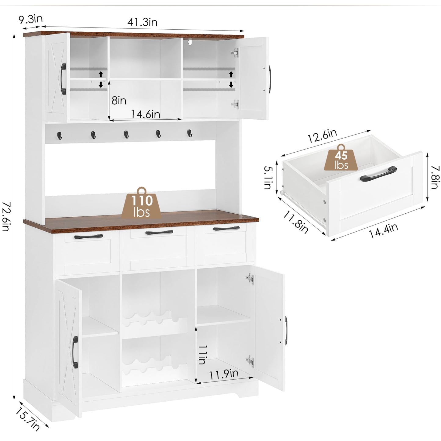 HIFIT 72" Tall Farmhouse Kitchen Pantry Storage Cabinet with Doors & Shelves & Drawer, Freestanding Hutch Cabinet with Microwave Stand/Wine