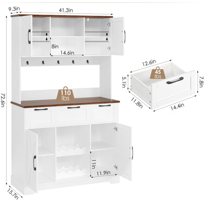 HIFIT 72" Tall Farmhouse Kitchen Pantry Storage Cabinet with Doors & Shelves & Drawer, Freestanding Hutch Cabinet with Microwave Stand/Wine