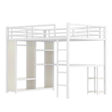 KEIKI Queen Size Loft Bed Frame with Built-in Wardrobe, Metal Loft Bed with Desk, Storage Shelves, Hanging Rod, Guardrail and Ladder, Noise Reduced BedFrame for Teens and Adults, White Wood-Grain KEIKI
