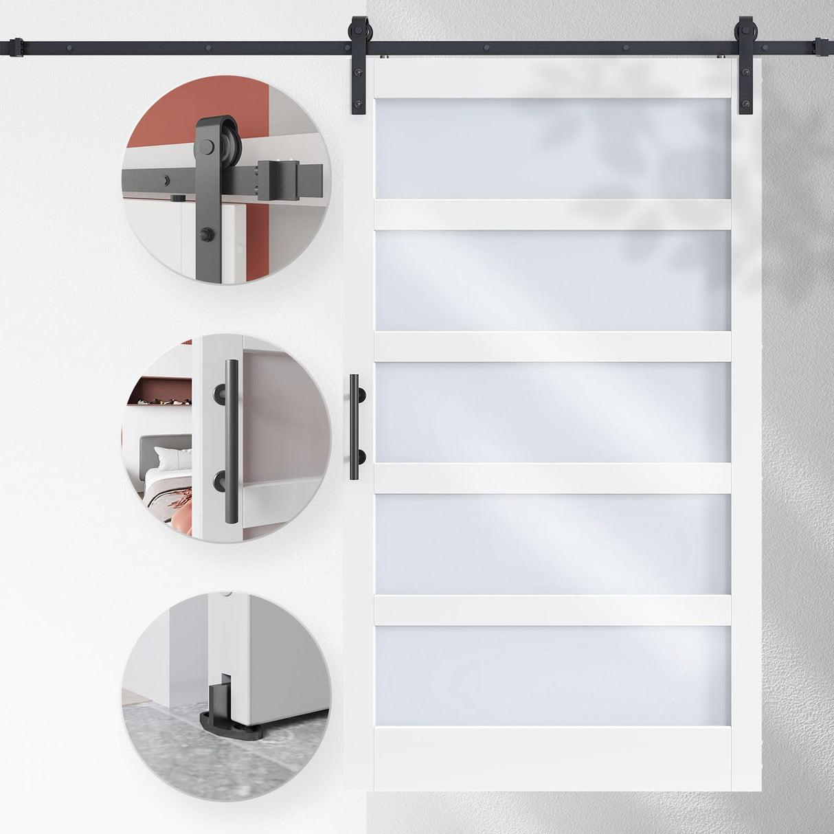 EaseLife 48in x 84in Glass Barn Door with 8FT Sliding Door Hardware Kit Included & Handle,Solid LVL Wood Covered with Water-Proof & Scratch-Resistant PVC Surface,DIY Assembly,5-Panel Glass,White EaseLife