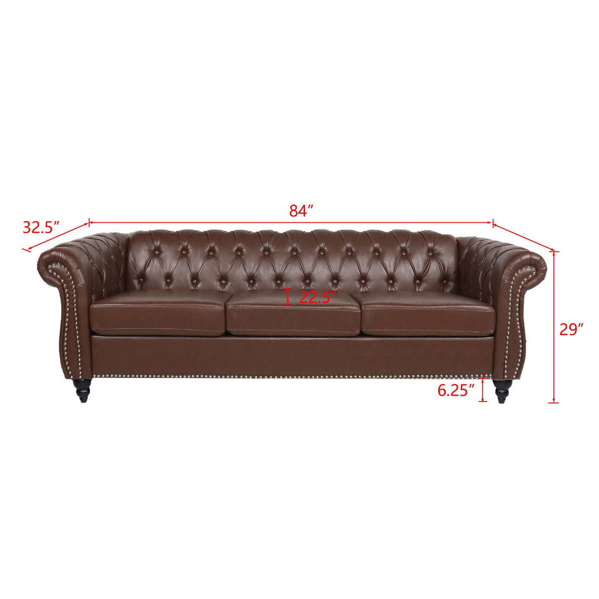 RARZOE Modern 3 Seater PU Chesterfield Sofa, Upholstered Tufted Button Leather Chesterfield Couch, Classic Faux Leather Settee with Nailhead Trim Scroll Arms for Living Room Bedroom(Dark Brown) RARZOE