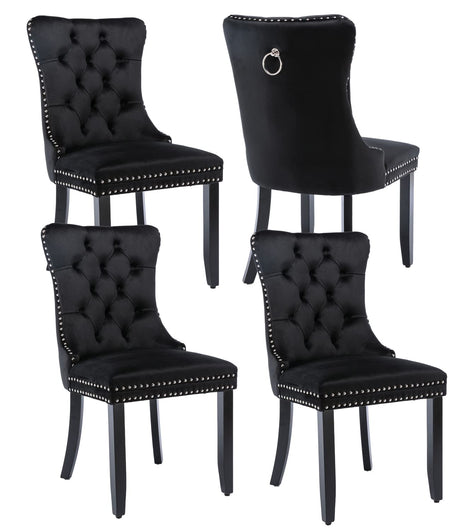 Black Velvet Dining Chairs Set of 4, Upholstered Dining Room Chairs with Back Ring Pull Trim and Solid Wood Legs,Modern Dining Chairs Perfect for Dining Room,Living Room,Kitchen(Black) Shenyon