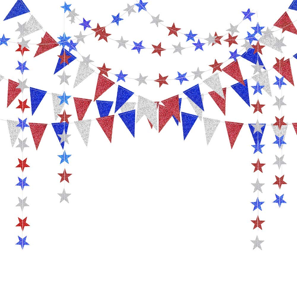 Decor365 Red Blue White/Silver Star Garland Triangle Pennant Banner Kit 4th/Fourth of July USA America Independent Day Celebration Decor Party Hanging Decoration for Bithday/Wedding/Home/Cavinal/Home Decor365
