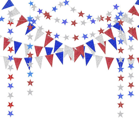 Decor365 Red Blue White/Silver Star Garland Triangle Pennant Banner Kit 4th/Fourth of July USA America Independent Day Celebration Decor Party Hanging Decoration for Bithday/Wedding/Home/Cavinal/Home Decor365