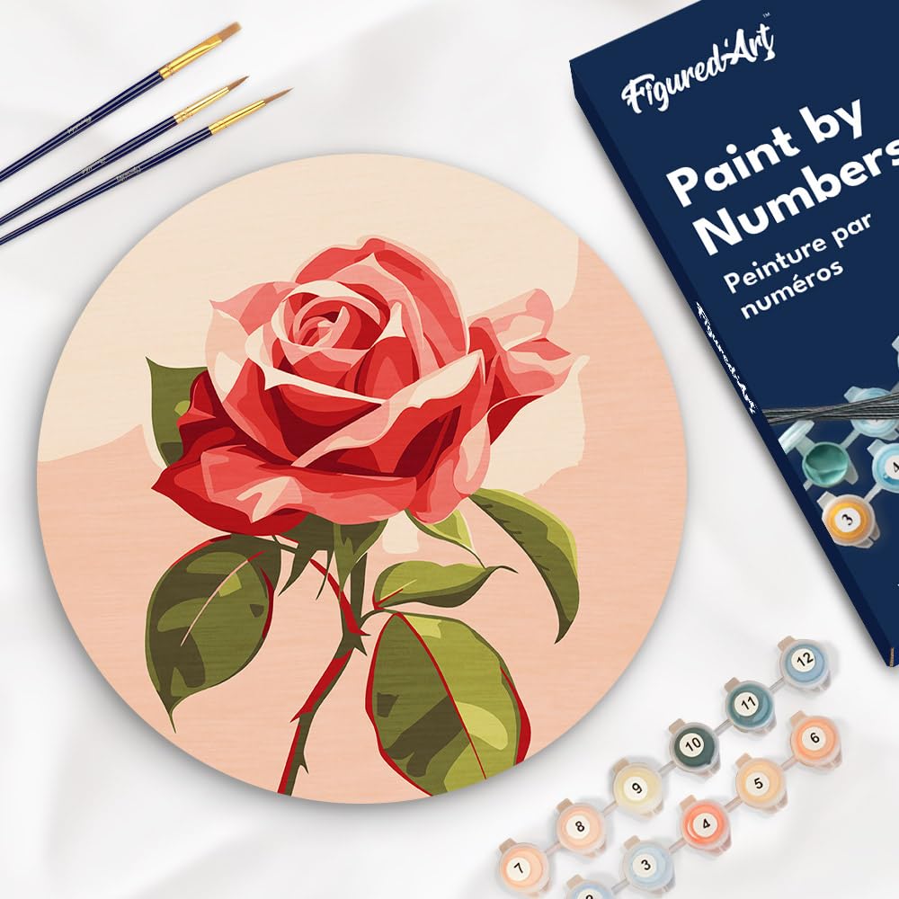 Figured'Art Paint by Numbers Kit for Adults on Wood Slice, 11.8in Diameter - Red Rose - Craft Art Painting DIY Canvas Figured'Art