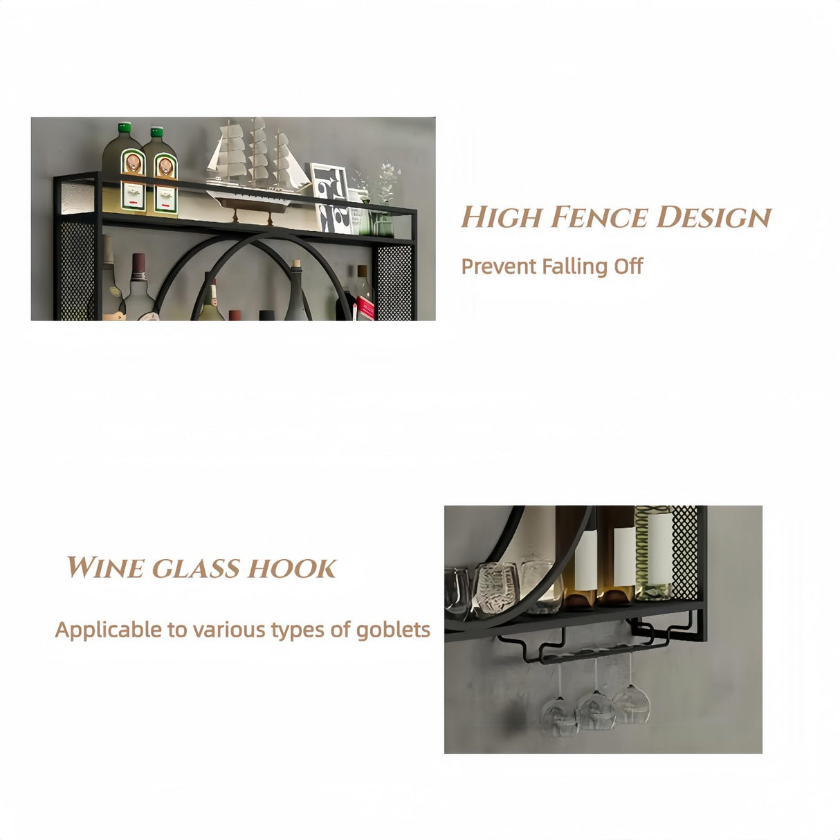 PIKYsailed 39 Inch Metal Wall Mounted Wine Rack, 3 Tier Bar Shelves with Glass Holder, Large Capacity Modern Liquor Shelves for Home Bar, Dining Room & Kitchen, Black PIKYsailed