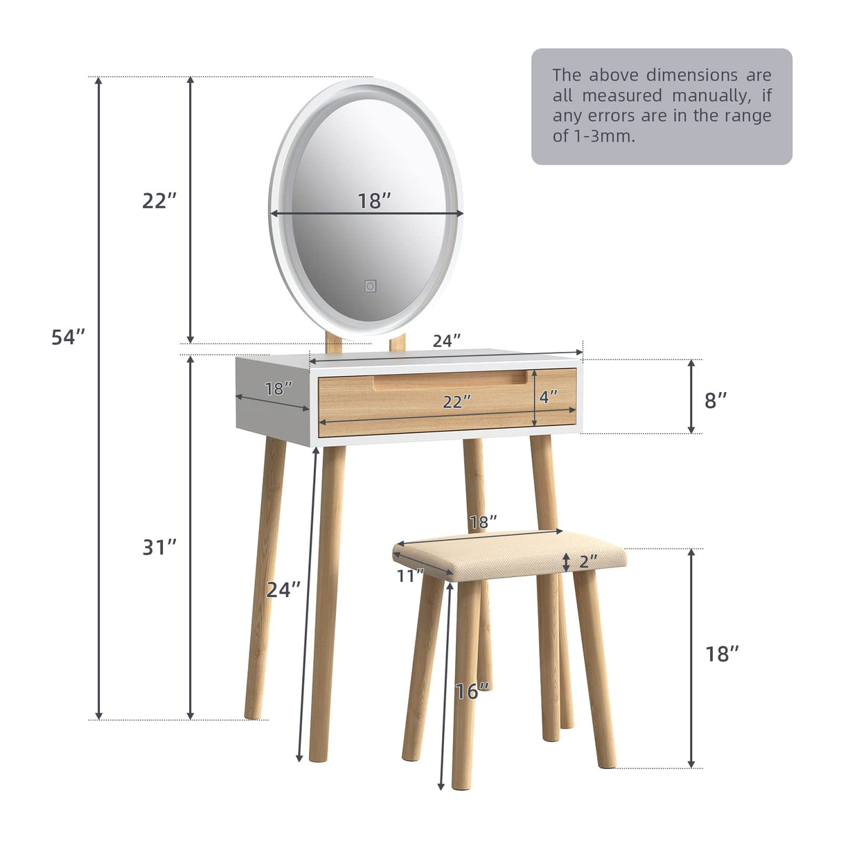 YOURLITE Makeup Vanity Table Set with 3 Modes Adjustable Lighted Mirror Cushioned Stool, Dressing Table for Small Space YOURLITE