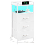 Somdot White Nightstand with Charging Station and LED Light for Bedroom, Tall 3 Drawers Dresser with Fabric Bins for Bedside Kids Dorm Room Closet Laundry Entryway, White Leather Somdot