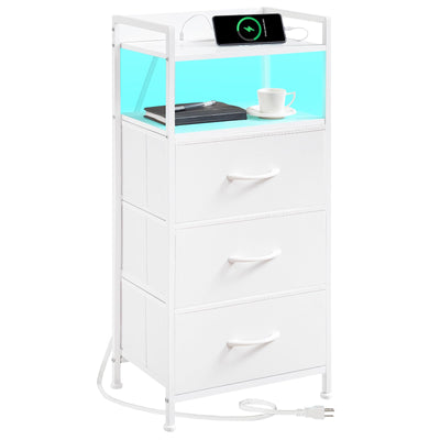 Somdot White Nightstand with Charging Station and LED Light for Bedroom, Tall 3 Drawers Dresser with Fabric Bins for Bedside Kids Dorm Room Closet Laundry Entryway, White Leather