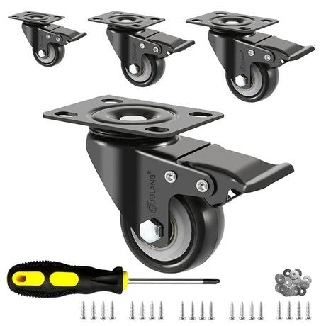 JULANG 2" Locking Caster Wheels Set of 4 Heavy Duty with Brake, Noise Free (PU) Wheels, Swivel Plate Castors 4 PCS, for Furniture, Carts, Garden Potting Tables, Workbenches Julang