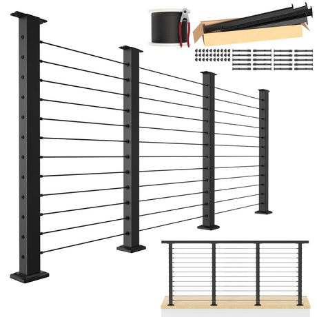 BLIKA Complete Set 42" Cable Railing Post Kit(Post 41"x2"x2"), Black Level Drilled Cable Railing Post, Swageless Deck Railing System Kit Include 4Pack Level Posts,1/8" Stainless Cable(No Handrail) BLIKA