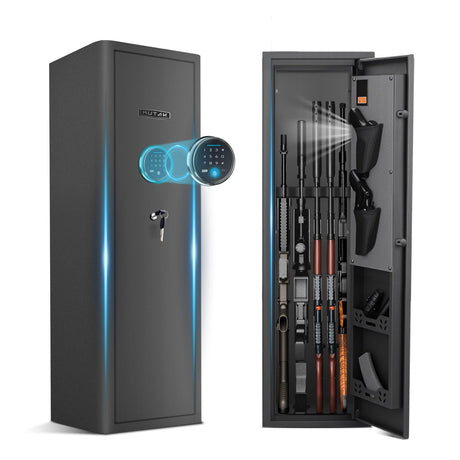 Mutak 4-5 Biometric Gun Safe for Rifle and Pistols, Long Gun Safe for Rifle Shotgun for Home, Quick Access 4-5 Gun Storage Cabinet with Handgun Pouch, Silent Mode (No Assembly Required) Mutak